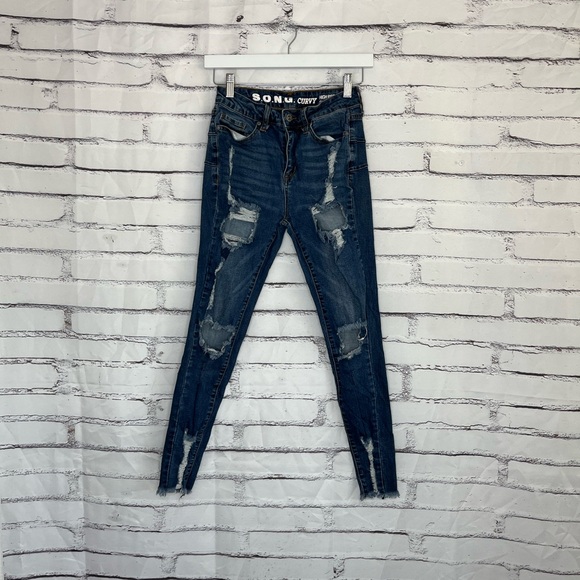 S.O.N.G Curvy High Rise Skinny Ankle Jeans Dark Wash Distressed Size 1/25 Y2K - Picture 1 of 14